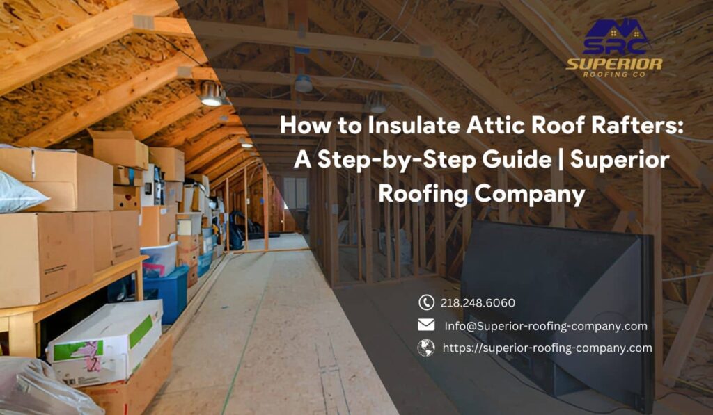A person installing insulation between roof rafters in an attic