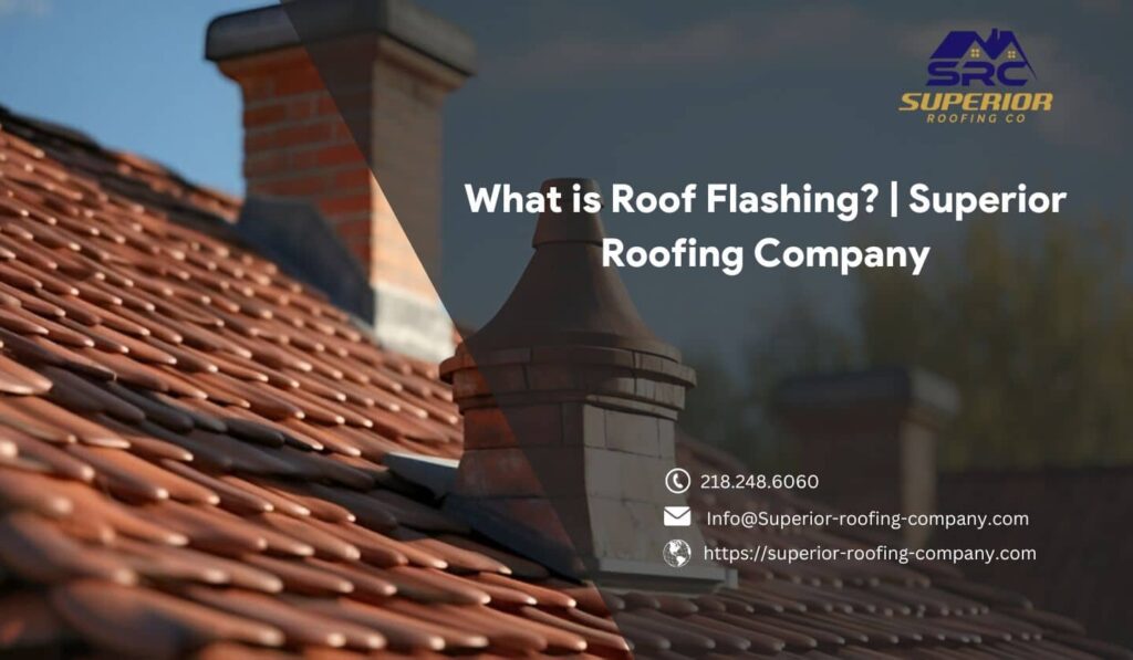 A close-up image of roof flashing installed around a chimney