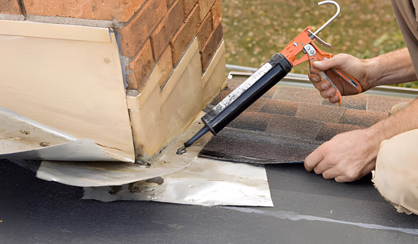 Roofer Applying Caulk to House Chimney Flashing - Superior Roofing Company Roofer Applying Caulk to House Chimney Flashing - Superior Roofing Company